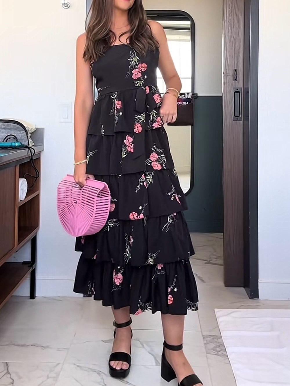 Likely Sharon Black Tiered Midi Dress with Pink Floral Print
